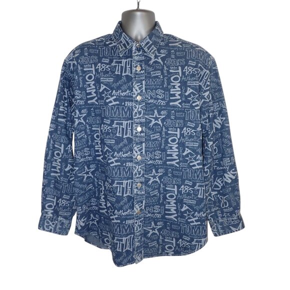 Tommy Jeans Button Down Shirt Mens L Spellout all Over Print‎ Blue Flip Cuff - Picture 1 of 5